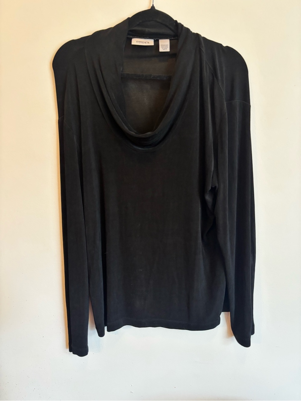 CHICOS TRAVELERS BLACK COWL NECK LONG SLEEVE TOP DRIFTY KNIT